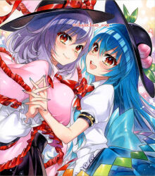  2girls :d black_skirt blue_hair blue_skirt blush breasts capelet chacham closed_mouth commentary_request frills hair_between_eyes hat hinanawi_tenshi holding_hands interlocked_fingers large_breasts long_hair long_sleeves looking_at_viewer medium_hair multiple_girls nagae_iku nail_polish open_mouth peach_hat_ornament pink_capelet purple_hair red_eyes shirt short_sleeves skirt small_breasts smile teeth touhou traditional_media twitter_username upper_teeth_only white_shirt 