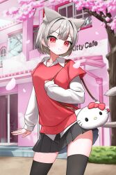  1girl absurdres animal_ears black_skirt black_thighhighs building cat_ears cat_girl center-flap_bangs cherry_blossoms closed_mouth collared_shirt commentary_request contrapposto day double-parted_bangs earrings falling_petals grey_hair hello_kitty hello_kitty_(character) highres jewelry jjalbaaaaa korean_commentary layered_sleeves long_sleeves looking_at_viewer miniskirt multicolored_hair neneko_mashiro outdoors petals pleated_skirt red_sweater sanrio shirt short_hair short_over_long_sleeves short_sleeves skirt smile solo standing stellive streaked_hair sweater thigh-highs tree virtual_youtuber white_shirt zettai_ryouiki 