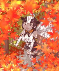  1girl animal_ears animal_print autumn autumn_leaves bare_shoulders black_bow black_bowtie black_gloves black_hair black_shirt black_skirt black_thighhighs bow bowtie brown_eyes cart cow_ears cow_girl cow_print cow_tail detached_collar elbow_gloves extra_ears frilled_skirt frills gloves hair_between_eyes hair_bow hair_bun highres holstein_friesian_cattle_(kemono_friends) kemono_friends leaf looking_up milk multicolored_hair open_mouth orange_bow pleated_skirt print_gloves print_shirt print_thighhighs sasakura_(jgay7435) shirt short_hair sidelocks skirt sleeveless smile solo tail thigh-highs two-tone_gloves two-tone_hair two-tone_shirt two-tone_thighhighs white_gloves white_shirt white_thighhighs zettai_ryouiki 