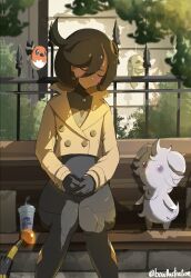 1girl absurdres aged_up ampharos artistic_error bench black_bodysuit black_gloves black_hair bo_(bouillustration) bodysuit bodysuit_under_clothes brown_jacket closed_eyes closed_mouth commentary_request cowlick cup dark-skinned_female dark_skin disposable_cup emma_(pokemon) espurr fence fletchling gloves hair_between_eyes hair_ornament highres iron_fence jacket kakuna latex latex_bodysuit lumiose_city mega_stone orange_gloves outdoors own_hands_together park_bench pokemon pokemon_(creature) pokemon_legends:_z-a short_hair sidelocks sitting solo_focus swept_bangs tail twitter_username two-tone_gloves