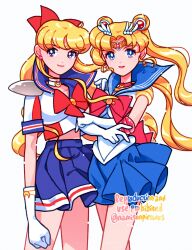  2girls absurdres aino_minako bishoujo_senshi_sailor_moon blonde_hair blue_eyes blue_sailor_collar blue_skirt bow bowtie circlet codename_wa_sailor_v crescent crescent_choker crescent_facial_mark elbow_gloves facial_mark forehead_mark gloves hair_bow hair_ornament highres long_hair multiple_girls namisonpictures no_mask parted_bangs pleated_skirt red_bow red_bowtie sailor_collar sailor_moon sailor_senshi sailor_senshi_uniform sailor_v shirt shoulder_pads skirt sleeveless sleeveless_shirt smile tsukino_usagi twintails white_gloves 