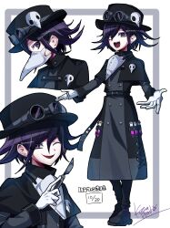  1boy :d absurdres black_hair danganronpa_(series) danganronpa_v3:_killing_harmony gloves hair_between_eyes hat highres holding holding_weapon jacket kujira_pyon_ka long_sleeves looking_at_viewer male_focus mask oma_kokichi open_mouth pants plague_doctor plague_doctor_mask short_hair smile weapon 