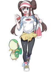  1girl :d absurdres bag blue_eyes bow breasts brown_hair double_bun full_body gen_5_pokemon hair_bun haruyuki_(gffewuoutgblubh) highres holding holding_poke_ball long_hair looking_at_viewer open_mouth pantyhose pink_bow poke_ball poke_ball_(basic) pokemon pokemon_(creature) pokemon_bw2 raglan_sleeves rosa_(pokemon) shirt shorts smile snivy standing starter_pokemon twintails visor_cap watch watch white_background yellow_shorts 