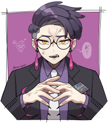  absurdres anger_vein arbok arms_up black-framed_eyewear black_jacket collared_shirt commentary_request corbeau_(pokemon) cropped_torso fingernails glasses heart highres jacket kyouka._(kyouka) layered_sleeves long_sleeves looking_at_viewer necktie open_mouth own_hands_together parted_hair pokemon pokemon_(creature) pokemon_legends:_z-a purple_hair purple_shirt round_eyewear shirt short_hair slit_pupils speech_bubble suit_jacket tassel teeth translation_request twitter_username undercut veins white_necktie wing_collar yellow_eyes 
