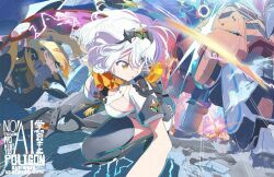  anby_demara ascot blonde_hair breasts electricity firing holding holding_sword holding_weapon large_breasts mecha_musume multiple_girls poligon_(046) robot short_hair sword thigh-highs weapon white_hair yellow_eyes zenless_zone_zero 