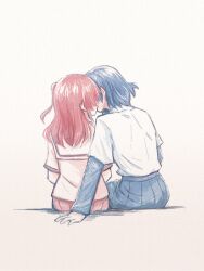  2girls arm_behind_back blue_hair blue_skirt blush bocchi_the_rock! couple hands_on_lap kiss kita_ikuyo leaning_forward long_sleeves medium_hair multiple_girls pleated_skirt red_hair school_uniform shirt short_hair short_sleeves sitting skirt white_background white_shirt yakaze_(yakaze1604) yamada_ryo yuri 