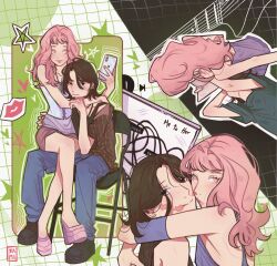  2girls absurdres arm_around_neck arms_around_neck artist_logo black_eyes black_hair black_shoes blue_pants brown_shirt cd_case cellphone chair commentary couple cross-laced_clothes cross-laced_top folding_chair full_body grid_background guitar hashtag-only_commentary heads_together highres holding holding_phone instrument kininatteru_hito_ga_otoko_ja_nakatta koga_mitsuki lap_pillow lips lipstick_mark lipstick_mark_on_face logo long_hair medium_hair miniskirt multiple_girls multiple_views on_chair oosawa_aya pants parted_bangs phone pink_eyes pink_hair pink_shoes platform_shoes sami_(samirinmo) shirt shoes sitting sitting_on_lap sitting_on_person skirt smartphone star_(symbol) upper_body yuri 