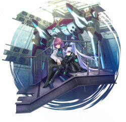  2girls animal_ears artist_request black_bodysuit black_pantyhose blue_eyes blue_necktie bodysuit breasts fake_animal_ears fortified_suit fortified_suit_(yashiro_kasumi) gloves grey_hair grey_jacket hangar high_heels highres jacket juliet_sleeves kouzuki_yuuko lab_coat large_breasts long_hair long_sleeves mecha mecha_pilot_suit mechanical_ears medium_hair military_uniform multiple_girls muv-luv muv-luv:_dimensions muv-luv_alternative necktie official_art pantyhose puffy_sleeves purple_hair rabbit_ears red_eyes robot sitting sitting_on_stairs smile stairs tactical_surface_fighter twintails un_uniform_(muv-luv) very_long_hair xg-70d_susanoo_iv yashiro_kasumi 