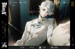  1boy absurdres blue_eyes bodysuit brooch cape chinese_commentary chromatic_aberration commentary_request copyright_logo english_text fake_photograph gold_trim head_tilt highres jewelry light_particles logo looking_to_the_side male_focus nice_(to_be_hero_x) official_art pov promotional_art screenshot selfie short_hair smile solo sparkling_eyes taking_picture to_be_hero to_be_hero_x upper_body white_bodysuit white_cape white_hair 