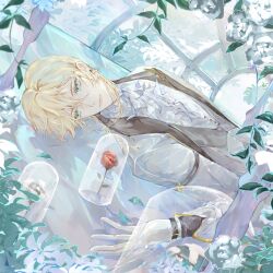  1boy absurdres alkaid_mcgrath alkaid_mcgrath_(eden) ascot bell_jar blonde_hair chashuimeifiom chinese_commentary closed_mouth collared_shirt colored_lapels day expressionless flower gloves green_eyes greenhouse grey_vest hair_between_eyes highres indoors jacket lapels leaf long_sleeves looking_at_flowers looking_to_the_side lovebrush_chronicles lying male_focus medium_hair on_back open_clothes open_jacket plant red_flower red_rose rose shawl_lapels shirt sleeve_garter solo upper_body vest white_ascot white_flower white_gloves white_jacket white_rose white_shirt 