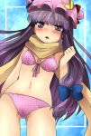  bad_id bikini checkered checkered_bikini clenched_hand crescent front-tie_top hat long_hair marimo_danshaku navel patchouli_knowledge perfect_cherry_blossom purple_eyes purple_hair scarf solo swimsuit touhou unmoving_pattern violet_eyes 