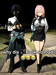 1boy 1girl asaba_harumasa glasses long_hair meme short_hair tsukishiro_yanagi why_dis_ninja_look_so_mad_(meme) zenless_zone_zero