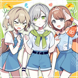  &gt;_&lt; 3girls azusawa_kohane blue_dress blue_shirt blue_shorts blue_skirt bracelet commentary_request cowboy_shot dress green-framed_eyewear green_eyes grey_eyes grey_hair hanasato_minori hinomori_shiho jacket jacket_on_shoulders jewelry letterman_jacket locked_arms multiple_girls project_sekai shirt short_hair shorts skirt striped_clothes striped_shirt t-shirt twintails w_arms waka_(wk4444) waving white_shirt wristband 