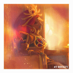  1girl blue_lips bracelet crop_top cropped_legs dark-skinned_female dark_skin earrings gerudo green_eyes hair_ornament highres hoop_earrings jewelry long_hair makeup ora-illustration pointy_ears red_hair sitting sitting_on_throne the_legend_of_zelda the_legend_of_zelda:_breath_of_the_wild tiara urbosa 