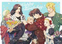  3boys 3girls aged_up apron battle_tendency black_dress black_hair black_jacket black_shirt blonde_hair bouquet brown_gloves brown_hair brown_jacket caesar_anthonio_zeppeli cane commentary_request dress erina_pendleton facial_mark feather_hair_ornament feathers fingerless_gloves flower flower_ornament gloves green_jacket grey_hair hair_ornament happy_birthday headband highres holding holding_bouquet holding_cane jacket jojo_no_kimyou_na_bouken joseph_joestar joseph_joestar_(young) lisa_lisa maid_apron multiple_boys multiple_girls official_alternate_costume polka_dot polka_dot_jacket red_flower red_jacket red_rose robert_e._o._speedwagon rose scar scar_on_face shirt sleeves_rolled_up suzi_q under_under_01 white_apron white_jacket white_shirt 
