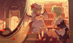  2girls apron b-y-z-c bat_wings black_dress black_socks chandelier commentary crossed_arms dress eye_contact falling_petals flower grey_hair hat highres indoors izayoi_sakuya kneehighs looking_at_another maid maid_apron maid_headdress mob_cap multiple_girls petals profile puffy_short_sleeves puffy_sleeves red_carpet red_flower red_rose red_shoes remilia_scarlet rose rose_petals shoes short_sleeves sitting sitting_on_stairs socks stairs touhou waist_apron white_apron white_dress white_hat wings 