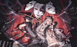  1boy 1girl armor artist_request back-to-back black_bow black_gloves black_hair black_kimono black_mask black_shorts black_sleeves blunt_ends bow commission commissioner_insert couple curtains delusion_(genshin_impact) eyelashes fatui_logo furisode genshin_impact gloves gold grey_eyes hat hayami_momo_(hayamimomo) hetero holding holding_stuffed_toy holding_sword holding_weapon indoors japanese_armor japanese_clothes jingasa katsuragikiri_nagamasa_(genshin_impact) kimono kote kurokote lace lace-trimmed_bow lace-trimmed_sleeves lace_gloves lace_trim large_bow layered_sleeves long_hair long_sidelocks looking_at_object looking_to_the_side mask_on_hat oc_x_canon open_mouth original pink_eyes purple_sash purple_sleeves red_hat red_sash sash scaramouche_(genshin_impact) second-party_source shorts sidelocks stage_curtains string stuffed_toy sword theater tsurime very_long_hair weapon white_bow white_hair white_kimono white_mask white_mouth white_sleeves white_trim wide_sleeves 