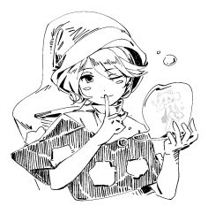  1girl blush_stickers doremy_sweet dream_soul finger_to_mouth greyscale hat high_contrast legacy_of_lunatic_kingdom looking_at_viewer monochrome nightcap nme_0039 one_eye_closed portrait short_hair shushing sketch solo touhou white_background 