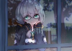  1girl arms_on_table ars_almal ars_almal_(4th_costume) bespectacled black-framed_eyewear black_ribbon blue_jacket book bow bowtie breasts closed_mouth elbow_rest glasses green_bow green_eyes hair_between_eyes hair_bow hair_over_shoulder head_on_arm head_rest highres indoors jacket long_sleeves low_twintails medium_breasts nijisanji rain reflection ribbon scenery sleeves_past_wrists smile solo tatami_kami twintails upper_body virtual_youtuber water water_drop white_hair window 
