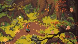  1boy 1girl antlers backpack bag blue_bow blue_dress borrowed_character bow commentary dress english_commentary forest from_above giant_tree hair_bow hood hood_up horns isometric mask nathan_pxls nature orange_hair original outdoors path pixel_art plant_roots ponytail standing stone_lantern tree unused_tire 