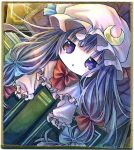  :&lt; book border bow chibi crescent hair_bow hat kagami_leo long_hair patchouli_knowledge purple_eyes purple_hair shikishi solo touhou traditional_media violet_eyes 