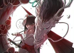  1girl alternate_hair_length alternate_hairstyle antlers aqua_eyes black_hair blood blunt_bangs blurry bow breasts collarbone debris depth_of_field dragon e.g.o_(project_moon) earrings eastern_dragon fox_mask hakama heterochromia highres holding holding_smoking_pipe hoop_earrings horn_ornament horn_ring horns impaled japanese_clothes jewelry kosode limbus_company long_hair looking_at_another mask mask_on_head medium_breasts miko misg1111 parted_lips petting project_moon red_bow red_eyes red_hakama ryoshu_(project_moon) scabbard sheath smoke smoking smoking_pipe solo sword tears_of_the_tarnished_blood_(e.g.o) very_long_hair weapon white_background white_eyes yinglong_(project_moon) 