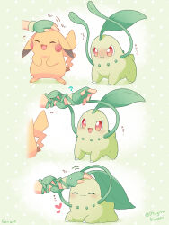  :t ? ^_^ artist_name ash_ketchum chikorita closed_eyes commentary_request fingerless_gloves full_body gloves grabbing_another's_arm green_gloves happy headpat heart highres jealous lying motion_lines mugita_konomi on_stomach open_mouth petting pikachu pokemon pokemon_(anime) pokemon_(classic_anime) pokemon_(creature) polka_dot polka_dot_background pout red_eyes simple_background smile standing sweatdrop tongue twitter_username v-shaped_eyebrows v_arms vine_whip 