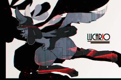  1other absurdres animal_ears animal_feet animal_hands body_fur character_name chromatic_aberration city commentary_request dated_commentary eye_trail from_side furry highres iogi_(iogi_k) jumping light_trail looking_at_viewer lucario monochrome neck_fur other_focus partial_commentary pawpads pokemon pokemon_(creature) profile projected_inset red_eyes solo tail thick_thighs thighs wolf_ears wolf_tail zoom_layer 