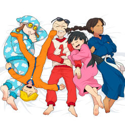 2girls 3boys arm_hug bald barefoot black_hair blonde_hair braid cheek_poking clenched_teeth closed_eyes codename:_kids_next_door commentary_request crossed_arms dark_skin earrings everyone from_above hat jewelry long_hair lying multiple_boys multiple_girls nightcap nightgown numbuh_1 numbuh_2 numbuh_3 numbuh_4 numbuh_5 on_back on_side open_mouth pajamas parted_lips poking sash sleeping sunglasses sweatdrop t_k_g teeth thumb_sucking unworn_eyewear upside-down wavy_mouth 