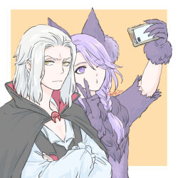  2boys animal_costume animal_ears artist_name black_cape braid cape commentary_request crossed_arms emet-selch final_fantasy final_fantasy_xiv frown gloves halloween halloween_costume highres hythlodaeus long_hair looking_at_phone looking_to_the_side male_focus medium_hair multiple_boys o3o one_eye_closed phone purple_gloves purple_hair saku_ff11 selfie taking_picture vampire_costume violet_eyes white_hair wolf_costume wolf_ears yellow_eyes 