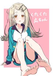  1girl aqua_jacket aqua_shorts blonde_hair blush collarbone colored_eyelashes earrings feet flipped_hair full_body gakuen_idolmaster gradient_hair grey_hair gym_uniform hair_ornament hairclip highres idolmaster jacket jewelry kousuke0912 long_hair long_sleeves looking_at_viewer multicolored_hair open_mouth orange_eyes parallel_hairclips parted_bangs pink_background shinosawa_hiro shorts sitting soles solo stud_earrings sweat swept_bangs toenails track_jacket two-tone_background white_background zipper 