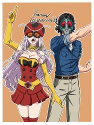 1boy 1girl anime_coloring artist_name bare_shoulders baron_(varon666) belt breasts brown_hair cosplay electro_wave_human_tackle electro_wave_human_tackle_(cosplay) fuuto_tantei gloves hair_between_eyes henshin_pose hidari_shoutarou highres kamen_rider kamen_rider_(1st_series) kamen_rider_stronger_(series) kamen_rider_w large_breasts long_hair looking_at_viewer mask muscular muscular_male pants purple_hair scarf shirt short_hair signature simple_background tokime_(fuuto_tantei) toujima_tanzaburou toujima_tanzaburou_(cosplay) toujima_tanzaburou_wa_kamen_rider_ni_naritai twitter_username violet_eyes