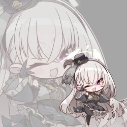  1girl ;d absurdres ascot black_dress black_gloves black_hairband black_hat black_pantyhose blue_archive blush center_frills chibi chibi_only commentary_request crossed_bangs detached_sleeves dress flower frilled_dress frilled_sleeves frills full_body gloves green_ascot green_flower green_rose grey_background grey_dress grey_hair hair_between_eyes hairband hands_up happy hat hat_feather hat_flower highres idol idol_clothes long_hair long_sleeves looking_at_viewer nckak9rjjdjff4e official_alternate_costume one_eye_closed open_mouth outline pantyhose rose sakurako_(blue_archive) sakurako_(idol)_(blue_archive) simple_background sleeveless sleeveless_dress smile solo standing standing_on_one_leg striped_clothes striped_pantyhose top_hat two-tone_dress v v_over_eye vertical-striped_clothes vertical-striped_pantyhose very_long_hair violet_eyes white_outline wide_sleeves zoom_layer 