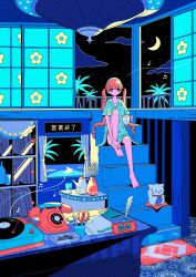  1girl antique_phone aqua_pajamas barefoot blue_eyes clouds commentary crescent_moon cup full_body hair_between_eyes hand_on_own_foot headband highres holding holding_cup indoors knee_up long_hair looking_ahead moon nakazawa_ayami neon_palette night night_sky orange_hair original pajamas phone phonograph rotary_phone rug scissors short_sleeves shouji sitting sitting_on_stairs sky sliding_doors solo stairs twintails very_long_hair 