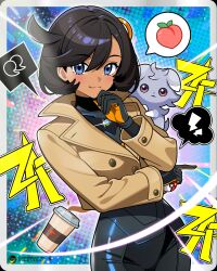  1girl :3 absurdres black_bodysuit black_hair blue_eyes bodysuit border brown_jacket closed_mouth commentary cowboy_shot cup dark-skinned_female dark_skin disposable_coffee_cup disposable_cup emma_(pokemon) espurr hair_between_eyes hair_ornament hand_on_own_chin highres holding holding_poke_ball index_finger_raised jacket light_blush lightning_bolt_symbol long_sleeves looking_at_viewer mega_stone outside_border poke_ball poke_ball_(basic) pokemon pokemon_(creature) pokemon_legends:_z-a short_hair smile speech_bubble spoken_food standing stroking_own_chin suddenboom_art twitter_username violet_eyes white_border 
