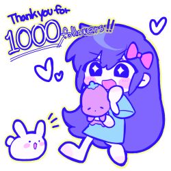  +_+ 1girl :d animal aubrey_(headspace)_(omori) aubrey_(omori) barefoot blue_dress blush bow bright_pupils chibi chibi_only colored_skin commentary_request double-parted_bangs dress forest_bunny_(omori) hair_between_eyes hair_bow hand_on_own_cheek hand_on_own_face hand_up heart highres holding holding_stuffed_toy iomor_snuuy korean_commentary long_hair looking_ahead medium_dress milestone_celebration mr._plantegg_(omori) omori open_mouth outline pink_bow purple_hair rabbit short_sleeves simple_background smile solo standing standing_on_one_leg stuffed_eggplant stuffed_toy v-shaped_eyebrows very_long_hair violet_eyes white_background white_pupils white_rabbit_(animal) white_skin yellow_outline 