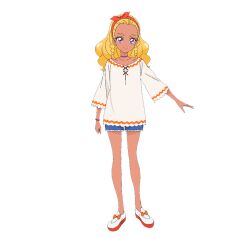  1girl amamiya_elena blonde_hair blue_shorts bow choker closed_mouth dark-skinned_female dark_skin denim denim_shorts full_body hairband long_hair looking_at_viewer mole mole_under_eye official_art orange_bow orange_hairband precure second-party_source shirt shoes shorts smile solo standing star_twinkle_precure tachi-e transparent_background violet_eyes white_shirt white_shoes 