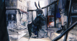  3girls absurdres amiya_(arknights) animal_ears arknights black_hair black_jacket black_pantyhose black_robe blurry blurry_foreground boots building car city commentary_request day dress facing_away from_behind head_out_of_frame highres hood hood_down hooded_jacket jacket kal&#039;tsit_(arknights) long_hair long_sleeves motor_vehicle multiple_girls on_stairs outdoors pantyhose ponytail rabbit_ears rabbit_girl robe rosmontis_(arknights) sitting sitting_on_stairs stairs standing sushiwa thigh_strap white_dress white_hair 