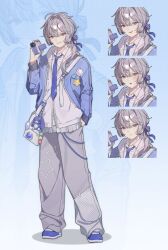  0_o_s_k 1girl :o blue_jacket blue_shoes camcorder camera closed_mouth collared_shirt commentary commission full_body green_eyes grey_hair grey_pants hair_ribbon hashtag-only_commentary highres holding holding_camera jacket long_hair long_sleeves looking_at_viewer multiple_views necktie open_clothes open_jacket open_mouth original pants parted_lips purple_necktie purple_ribbon ribbon shirt shoes smile standing video_camera white_shirt 