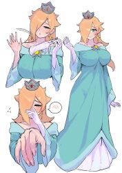  1girl absurdres alternate_breast_size_(larger) aqua_dress bare_shoulders blonde_hair blue_eyes blush breasts brooch crown dress earrings gloves hair_over_one_eye highres holding holding_gloves holding_unworn_clothes jewelry large_breasts long_hair long_sleeves looking_at_viewer multiple_views nia_(nia4294) off-shoulder_dress off_shoulder offering_hand reaching reaching_towards_viewer rosalina silver_crown smile star_(symbol) star_brooch star_earrings super_mario_bros. super_mario_galaxy unworn_gloves 
