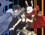  angry animal_ears aoi_hana_(oumagadoki_doubutsuen) arm_around_waist arm_grab bare_shoulders blush bob_cut breasts brown_eyes brown_hair bunny_ears cleavage cyborg gloves isana_(oumagadoki_doubutsuen) jacket_around_waist jewelry leaf_at_bubyubusshaa looking_back oumagadoki_doubutsuen personification ring shiina_(oumagadoki_doubutsuen) short_hair surprised sweat tail tank_top watch whale_tail wristwatch 