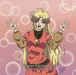  1990s_(style) 1girl ^_^ ahoge anime_coloring belt blonde_hair bubble closed_eyes commission commissioner_upload deltaflareon dress earrings english_text fake_screenshot film_grain flat_chest happy jewelry long_hair long_sleeves lotte_farona necklace official_art open_hands open_mouth orange_dress orange_shirt parted_bangs pendant pink_background pointy_ears retro_artstyle shirt signature smile solo subtitled ways_of_darkness_(series) 