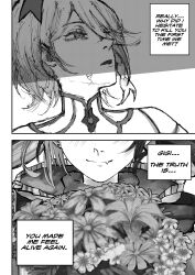  2girls absurdres bouquet cecilia_immergreen cecilia_immergreen_(1st_costume) chainsaw_man closed_mouth cracked_skin detached_collar english_text gigi_murin gigi_murin_(1st_costume) greyscale highres hololive hololive_english kizuru09 light_blush monochrome multiple_girls scene_reference short_hair virtual_youtuber 