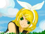  aine_(haibane) bad_id blonde_hair grass green_eyes kagamine_rin smile solo symbol-shaped_pupils vocaloid 