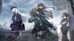  3girls absurdres ammunition_pouch assault_rifle bandana bandana_over_mouth baseball_cap beret black_hair brown_eyes brown_hair call_of_duty call_of_duty:_mobile chinese_commentary clothes_around_waist commentary_request cosplay cowboy_shot crossed_arms dusk_(call_of_duty:_mobile) facial_mark field_cap german_flag girls_frontline gloves green_eyes green_hair grey_hat grey_tank_top gun hat highres hk416_(girls&#039;_frontline) hk416_(girls&#039;_frontline)_(cosplay) holding jacket jacket_around_waist kestrel_(call_of_duty:_mobile) long_hair looking_at_viewer m4a1_(girls&#039;_frontline) m4a1_(girls&#039;_frontline)_(cosplay) m4a1_(mod3)_(girls&#039;_frontline) military_operator multicolored_hair multiple_girls mush outdoors particle_cannon_case pouch print_bandana rifle skull_print standing streaked_hair tank_top tattoo teardrop teardrop_facial_mark teardrop_tattoo trigger_discipline urban_tracker_(call_of_duty:_mobile) weapon white_hair 