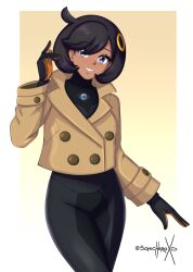  1girl absurdres artist_name black_bodysuit black_hair bodysuit dark-skinned_female dark_skin emma_(pokemon) eyelashes highres jacket long_sleeves looking_at_viewer mega_stone pokemon pokemon_legends:_z-a red_jacket short_hair smile solo sonicheroxd twitter_username violet_eyes 