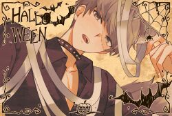  1boy animal_ear_fluff animal_ears bandages black_choker black_shirt brown_background cat_ears choker collarbone commentary fang fingernails grey_eyes grey_hair halloween halloween_costume hand_on_own_ear highres kemonomimi_mode long_fingernails looking_at_viewer male_focus mnce_o narukami_yu open_mouth partially_unbuttoned persona persona_4 portrait shirt short_hair solo spiked_choker spikes symbol-only_commentary teeth tongue tongue_out upper_teeth_only 