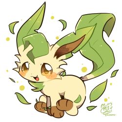  animal_focus blush blush_stickers brown_eyes chacoro_pokemon check_commentary commentary_request fang highres leaf leafeon looking_at_viewer no_humans pokemon pokemon_(creature) simple_background smile solo watermark white_background 