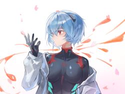  1girl ayanami_rei black_bodysuit blue_hair bodysuit bodysuit_under_clothes breasts cherry_blossoms chinese_commentary closed_mouth collared_shirt commentary dress_shirt evangelion:_3.0+1.0_thrice_upon_a_time gradient_background hair_between_eyes highres interface_headset_(evangelion) lcl light_smile long_sleeves mecha_pilot_suit medium_breasts neon_genesis_evangelion off_shoulder open_clothes open_shirt pink_background pink_petals plugsuit_(evangelion) rebuild_of_evangelion red_eyes shirt short_hair solo splatter splicond upper_body white_background white_shirt 