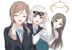  3girls blue_eyes blush brown_eyes brown_hair closed_mouth gakuen_idolmaster highres himesaki_rinami idolmaster katsuragi_lilja kuramoto_china long_hair multiple_girls open_mouth simple_background smile white_background yukitake_(xuserpost) 